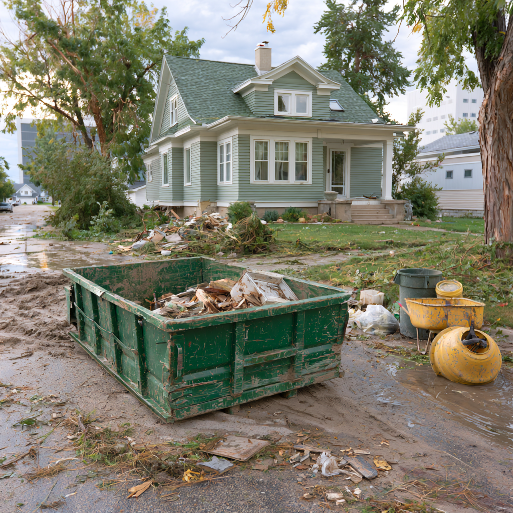 A 10-yard dumpster in front of a house following a storm in Fort Myers, Florida