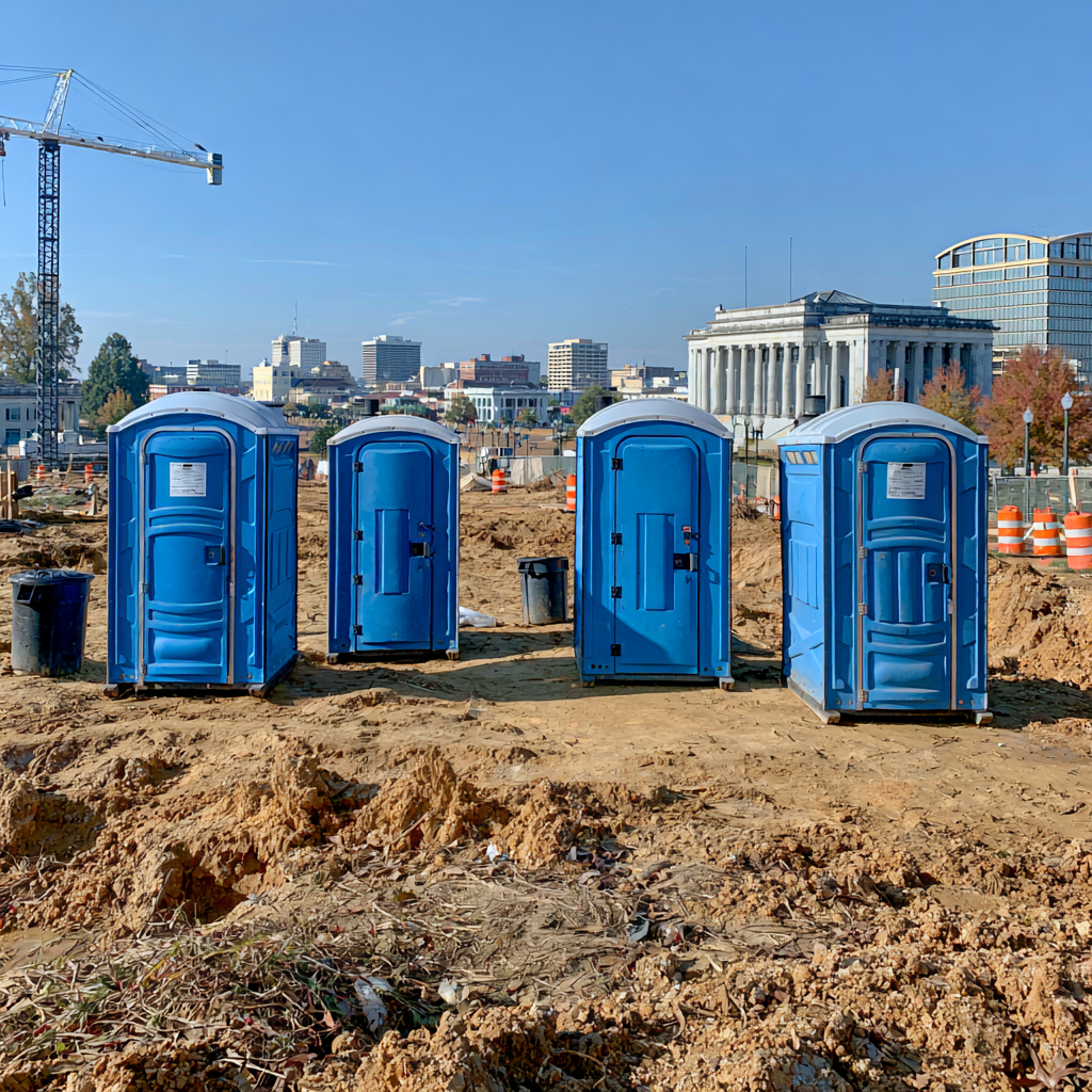 Four standard porta potties on a construction site in Jackson Mississippi