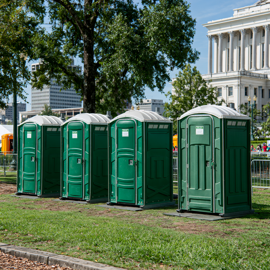 Four standard portable toilets in a public space in Jackson Mississippi