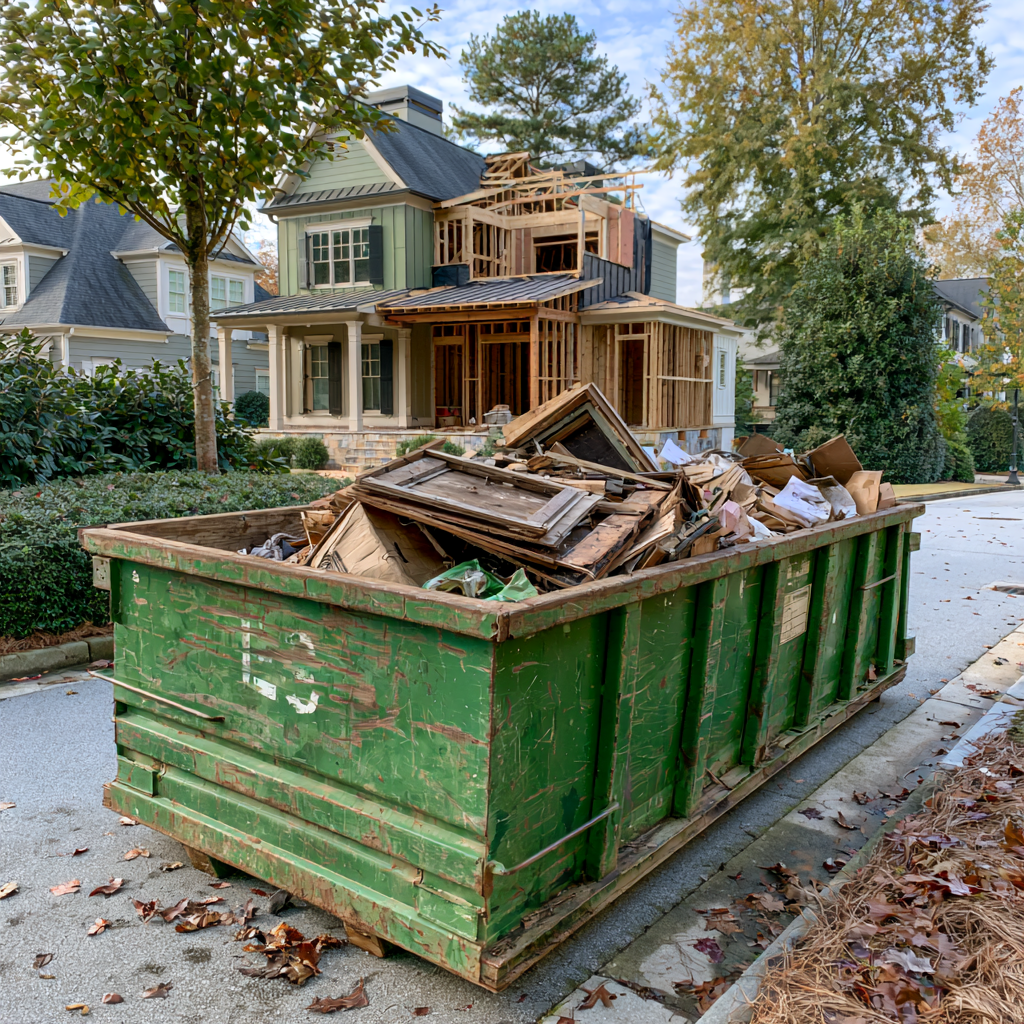 A 20-yard dumpster filled with roofing debris