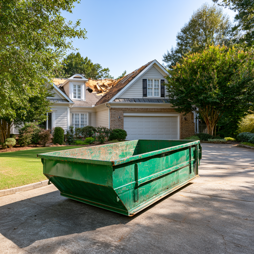 20-yard open dumpster in the driveway of a house in Snellville, GA
