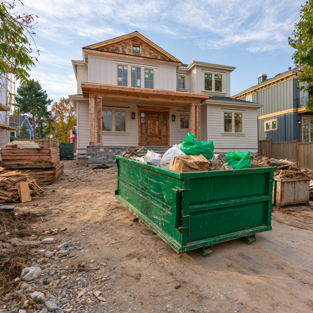 Residential dumpster rental in front of a home under construction