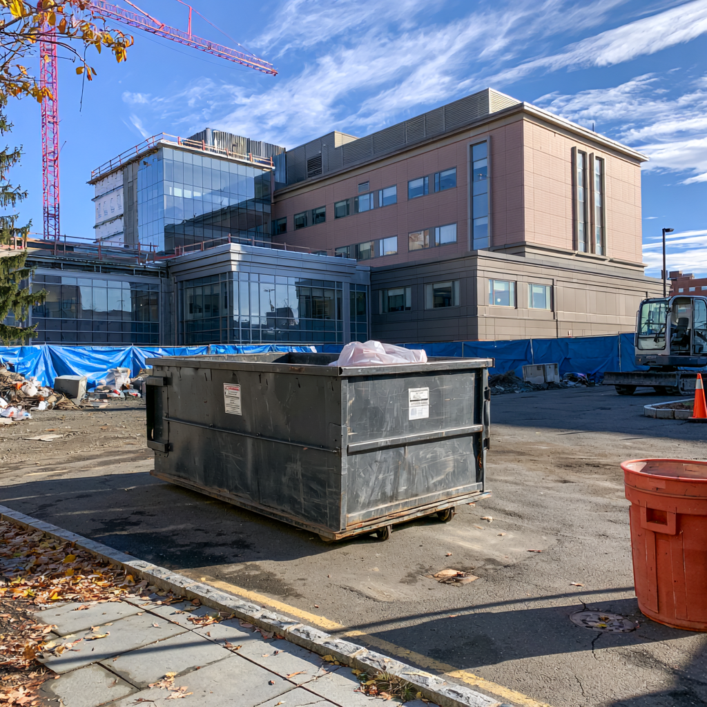 Dumpster outside new hospital construction in Springfield, MA