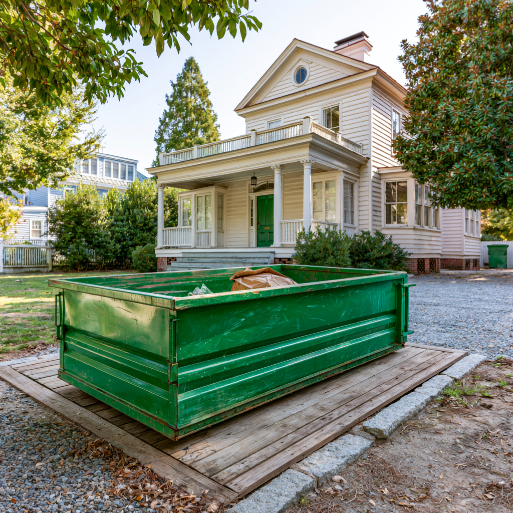 A rented dumpster in front of a house in Portsmouth