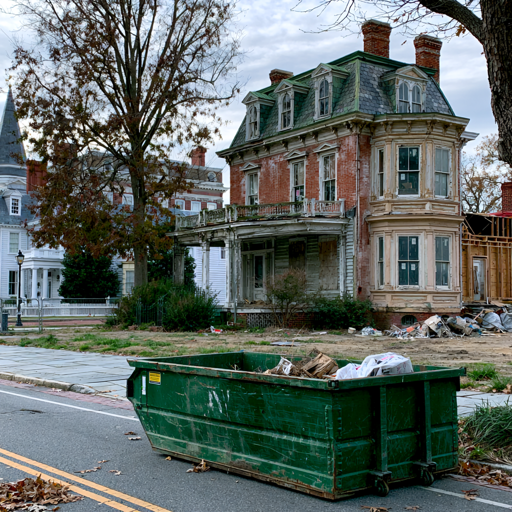20-yard dumpster on the street in a Portsmouth, VA, neighborhood