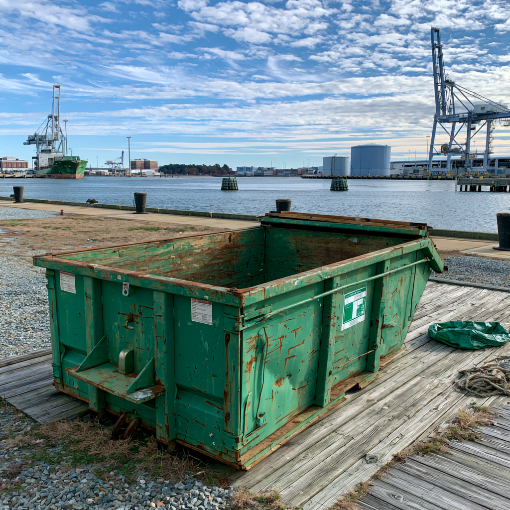 A 20-yard open dumpster near a dock in Portsmouth, Virginia
