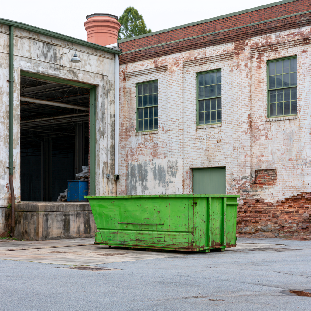 20-yard dumpster in front of a manufacturing plant in Spartanburg, SC