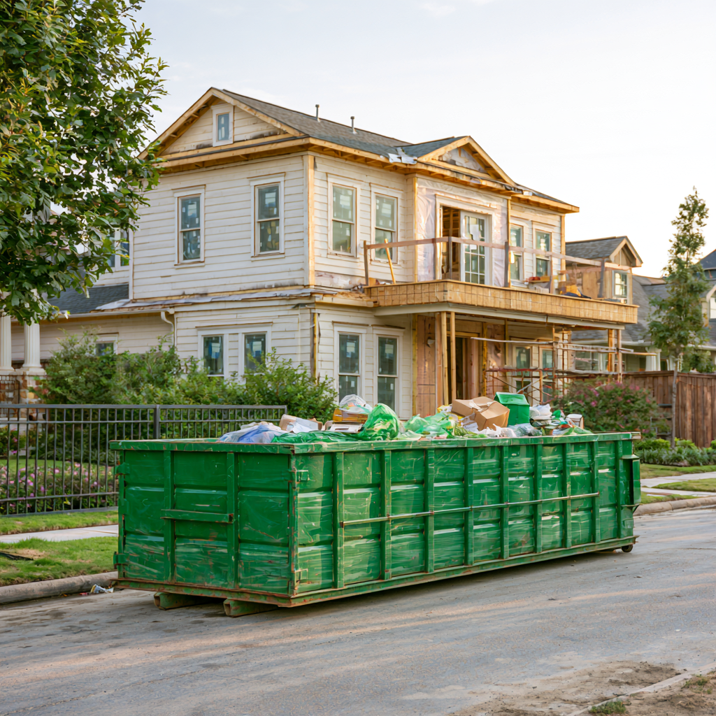 A 20-yard dumpster in front of a house in Katy, Texas