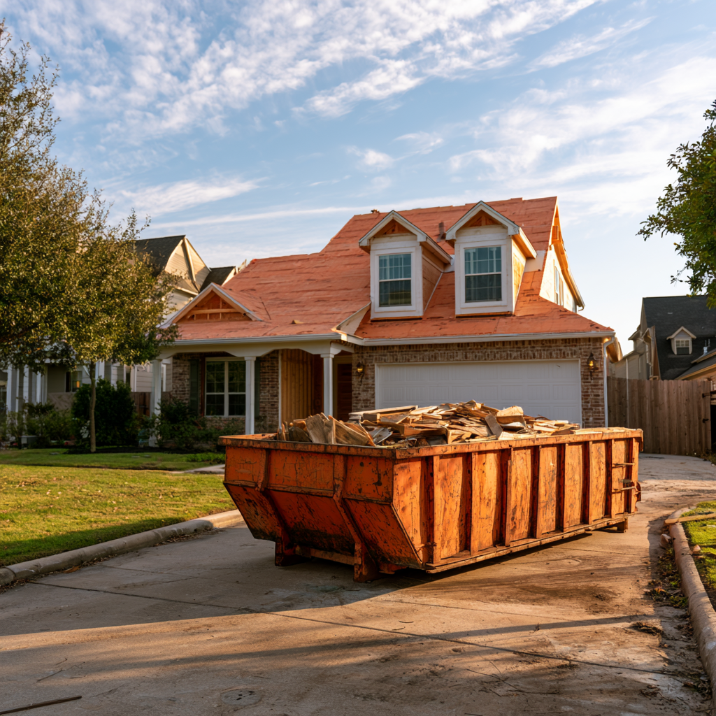 10-yard rented dumpster in the driveway of a Katy, TX house