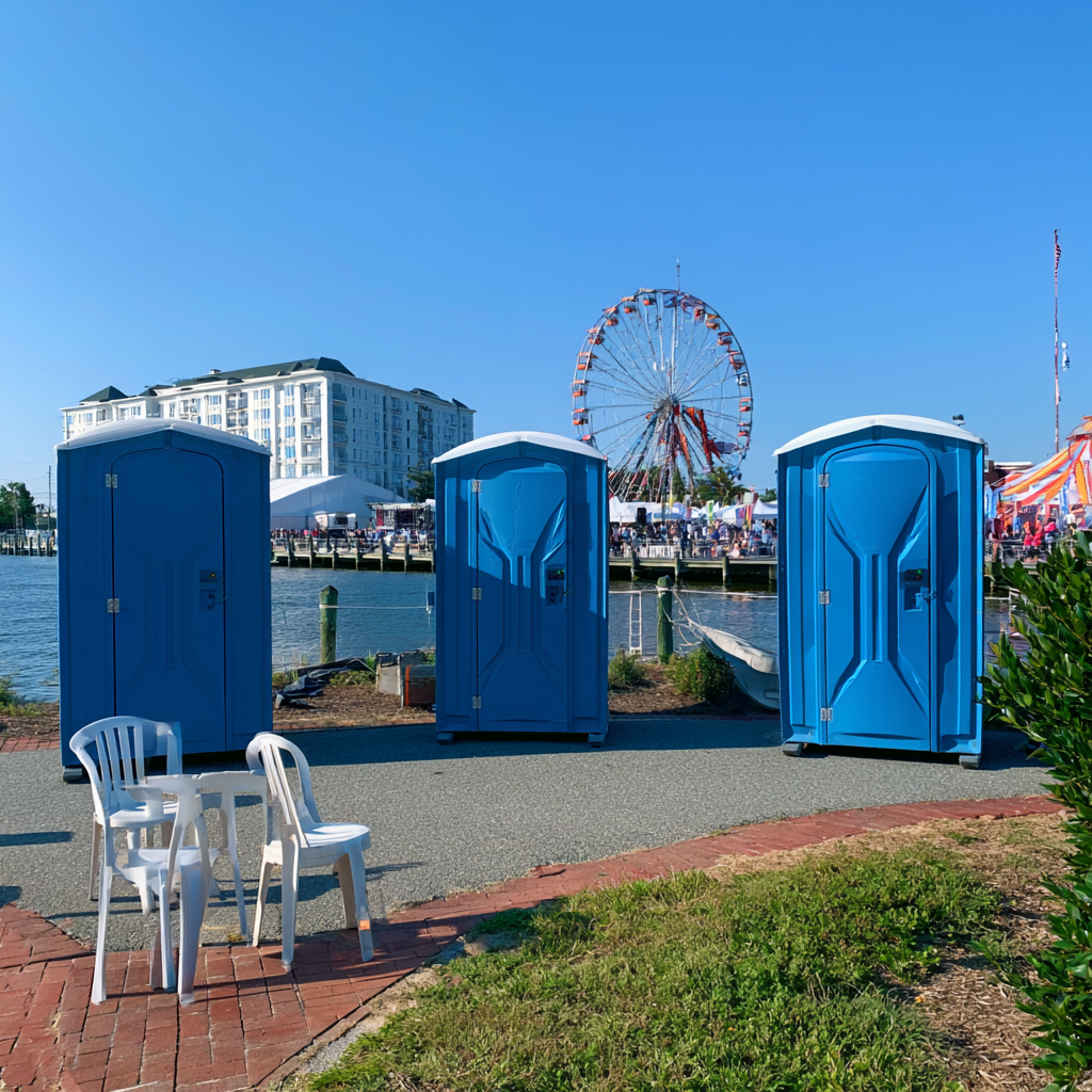 Three standard porta potties near the waterfront of Chesapeake, Virginia