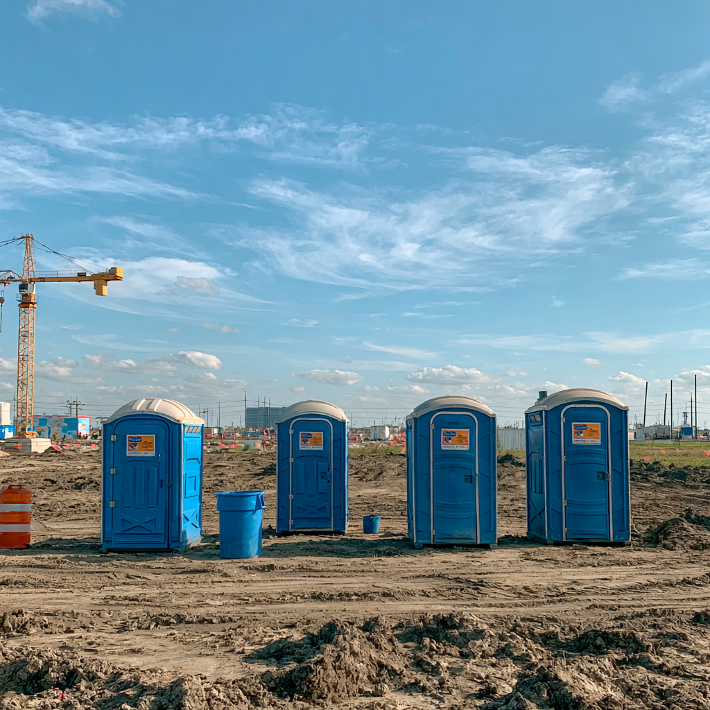 four standard porta potties on a construction site in Katy Texas