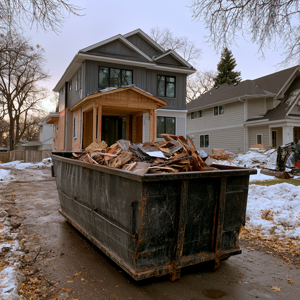 20-yard dumpster in front of a house in a Minneapolis neighborhood