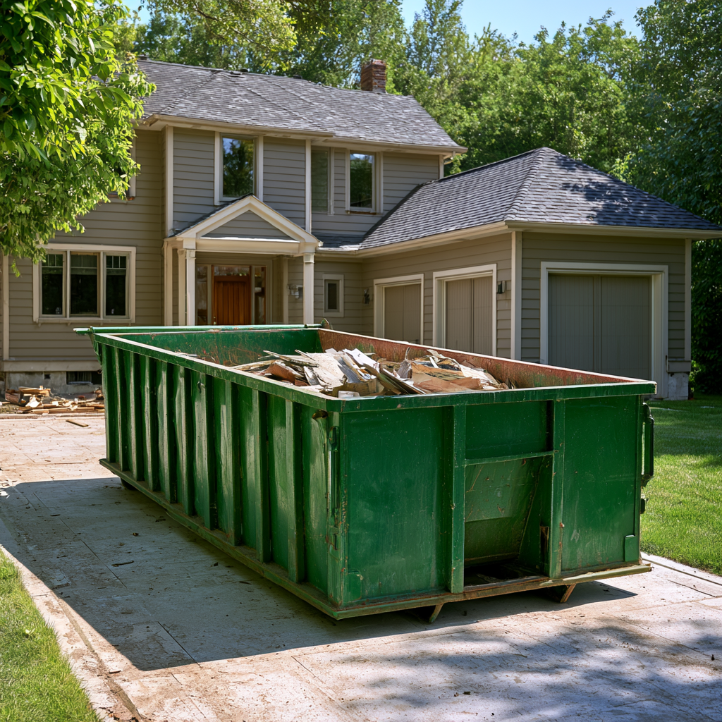A 20-yard dumpster in the driveway of a residential home
