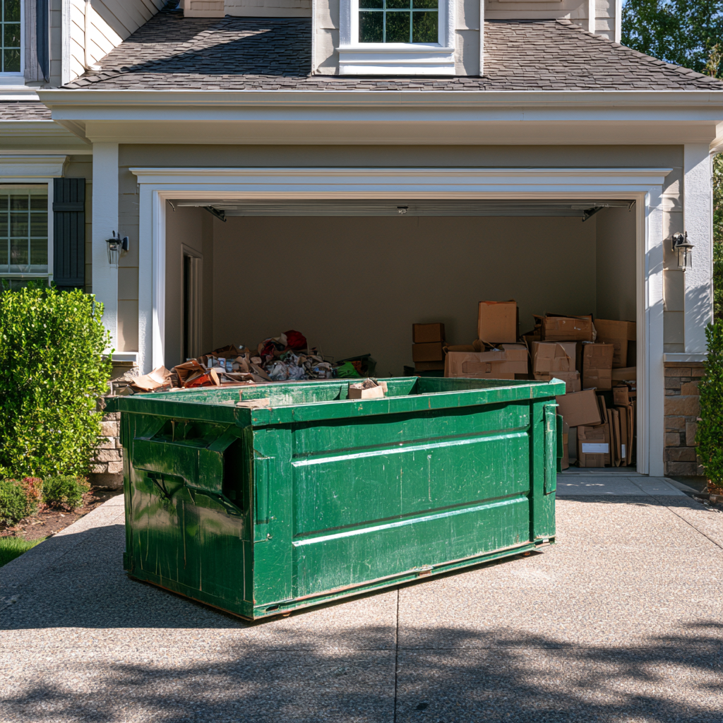 A 10-yard dumpster in a driveway during a Swedish Death Cleaning