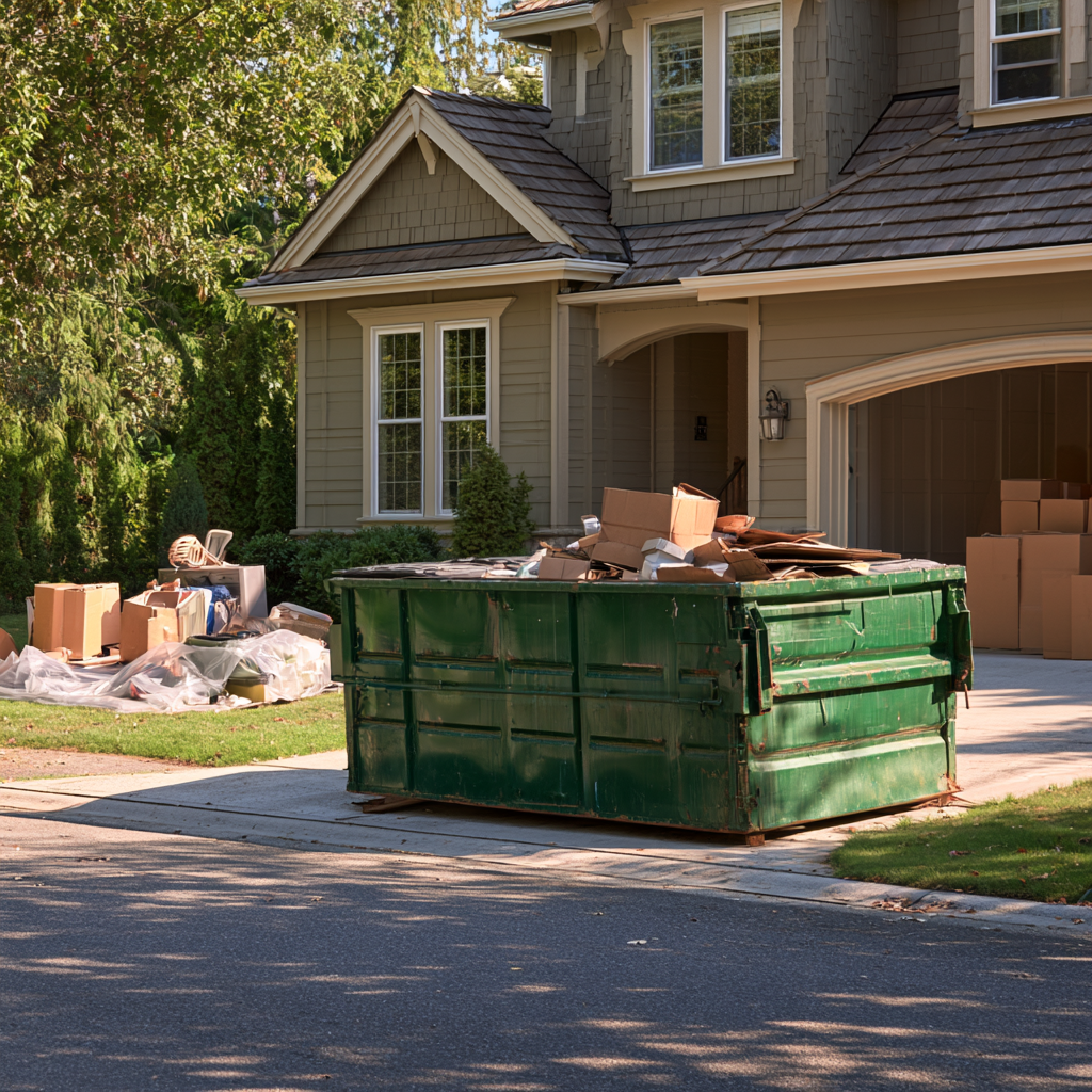 A 20-yard dumpster in the driveway of a suburban home