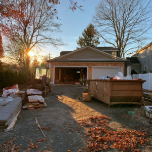 A 10-yard dumpster in front of a home garage undergoing renovation