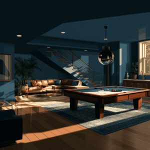 A finished basement with a pool table and wood floors