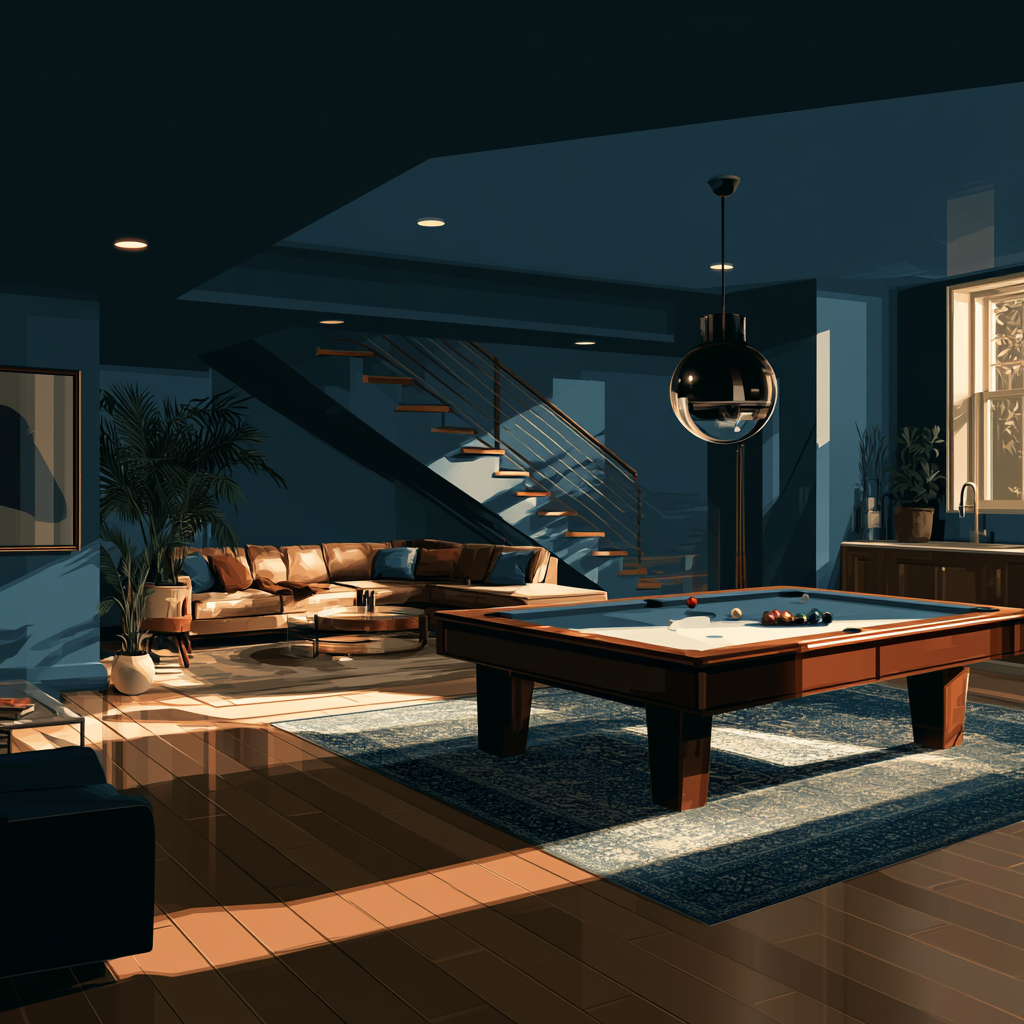 A finished basement with a pool table and wood floors