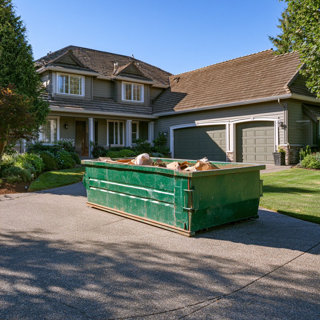 A 10-yard rolloff dumpster in a residential driveway