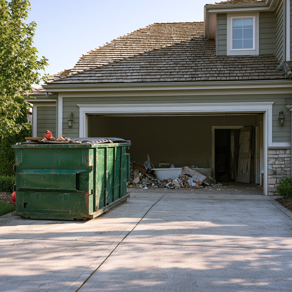 A 20-yard dumpster in a the driveway of a house undergoing a kitchen remodel