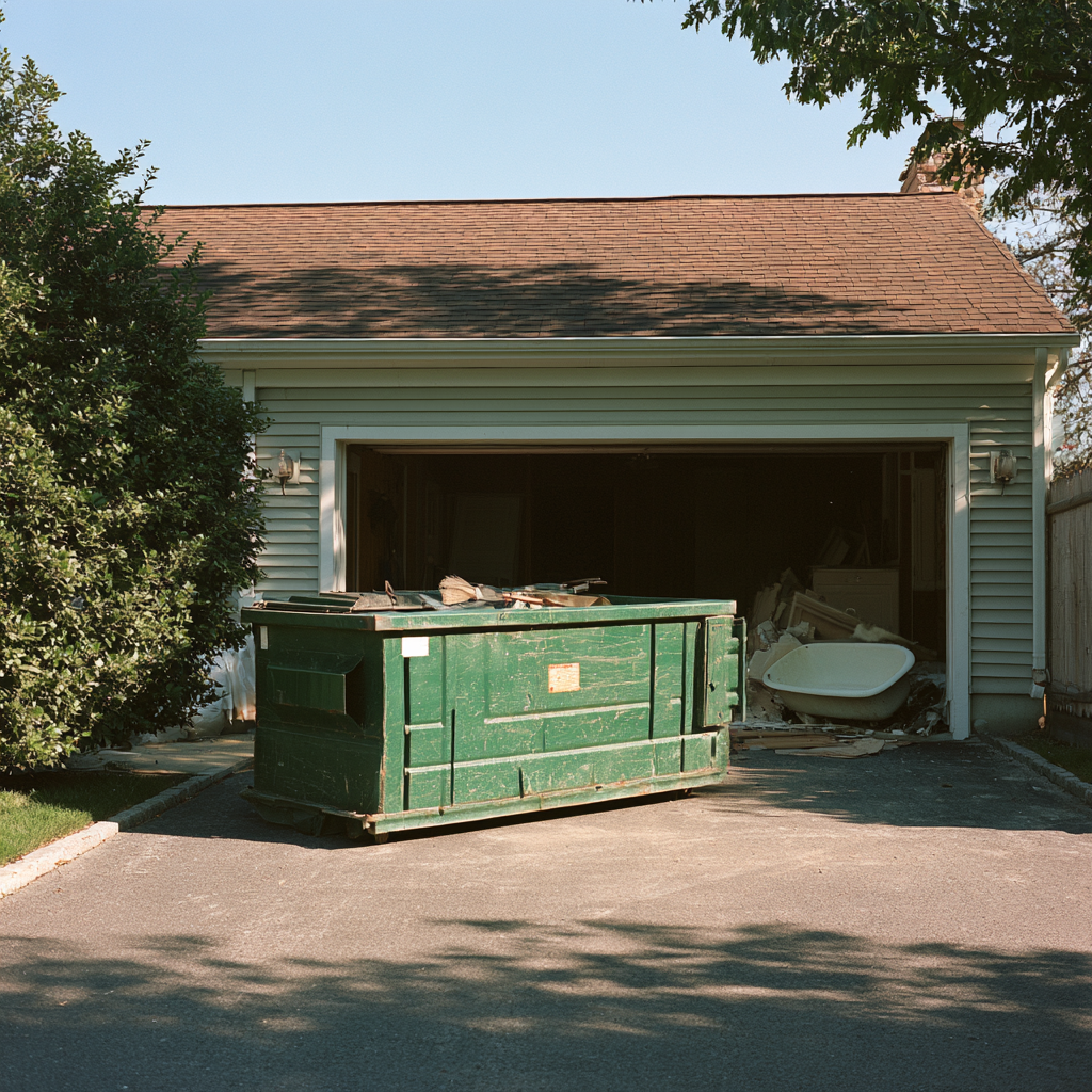 A 10-yard dumpster in front of an open garage with bathroom remodeling demo