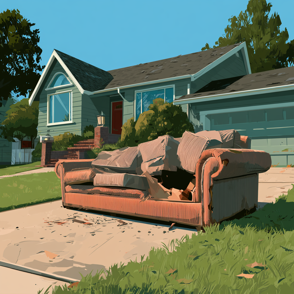 A worn couch in the driveway of a suburban house