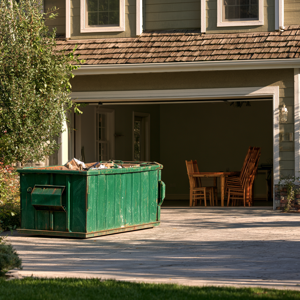 A 20-yard dumpster in front of house with an open garage containing a table and chairs