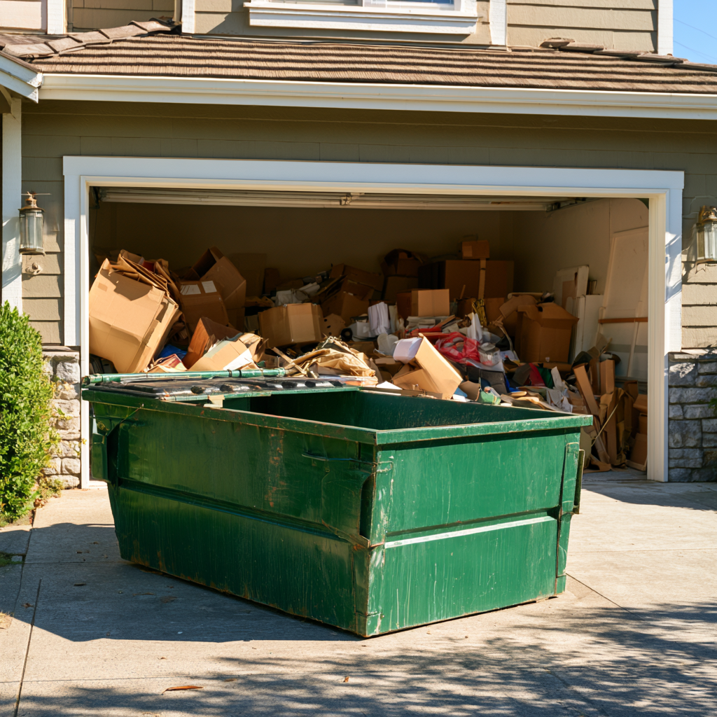 An open dumpster in front of a garage cluttered with boxes and household debris