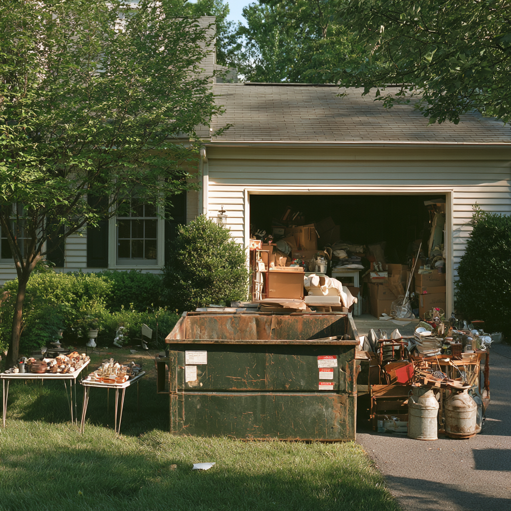 A 10-yard dumpster in front of a hoarded house