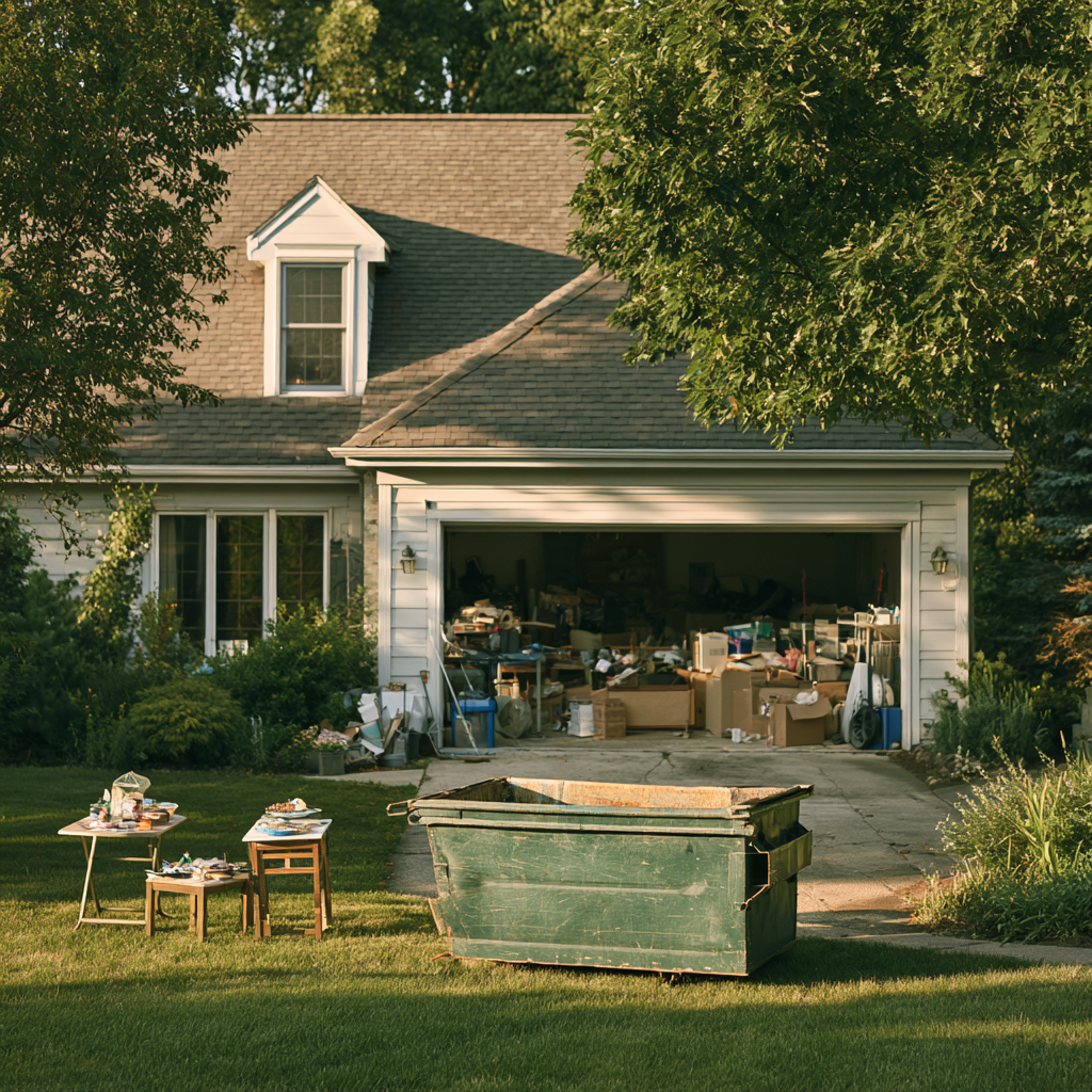A 10-yard dumpster in front of hoarded home
