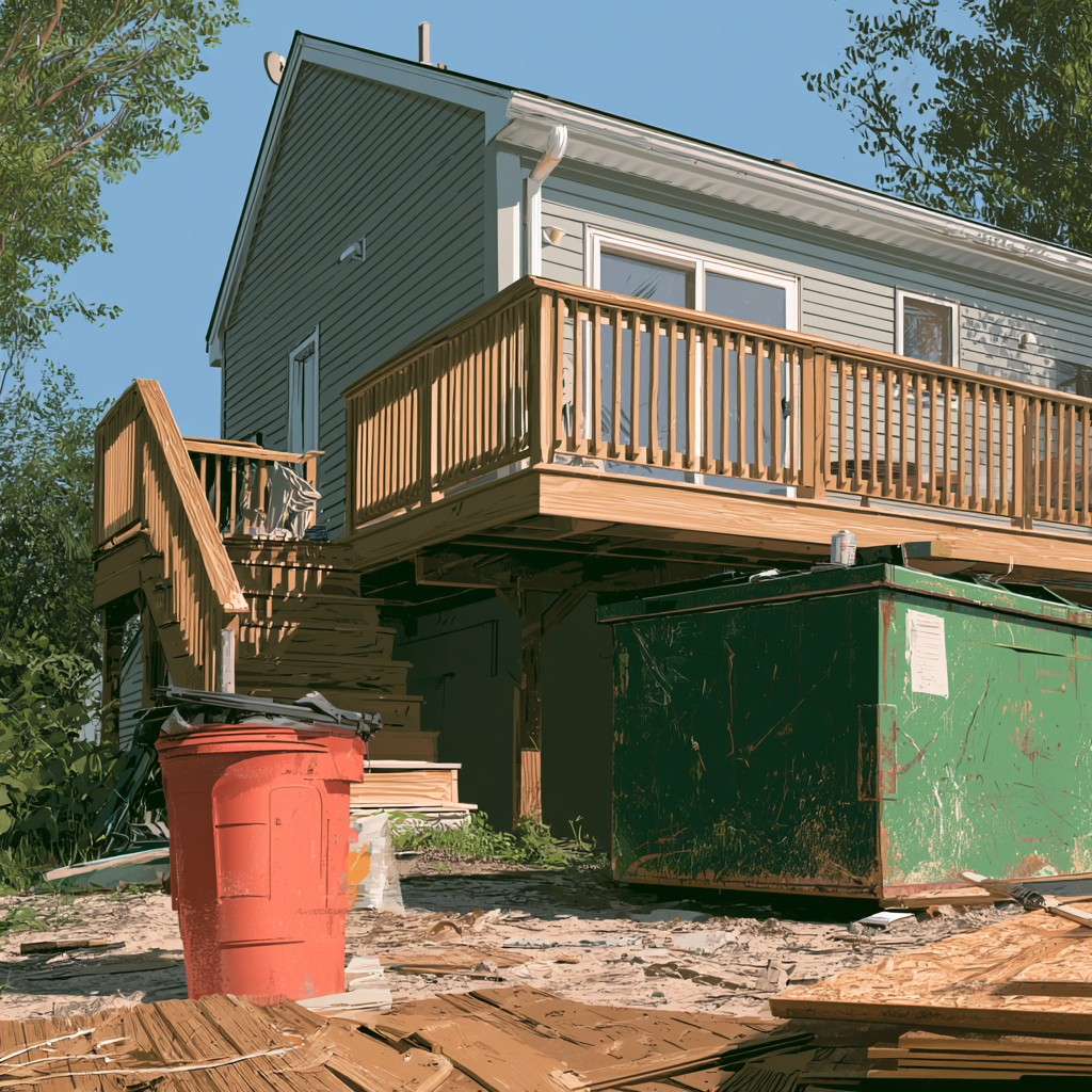 A 20-yard rented dumpster in front of a home deck undergoing renovation