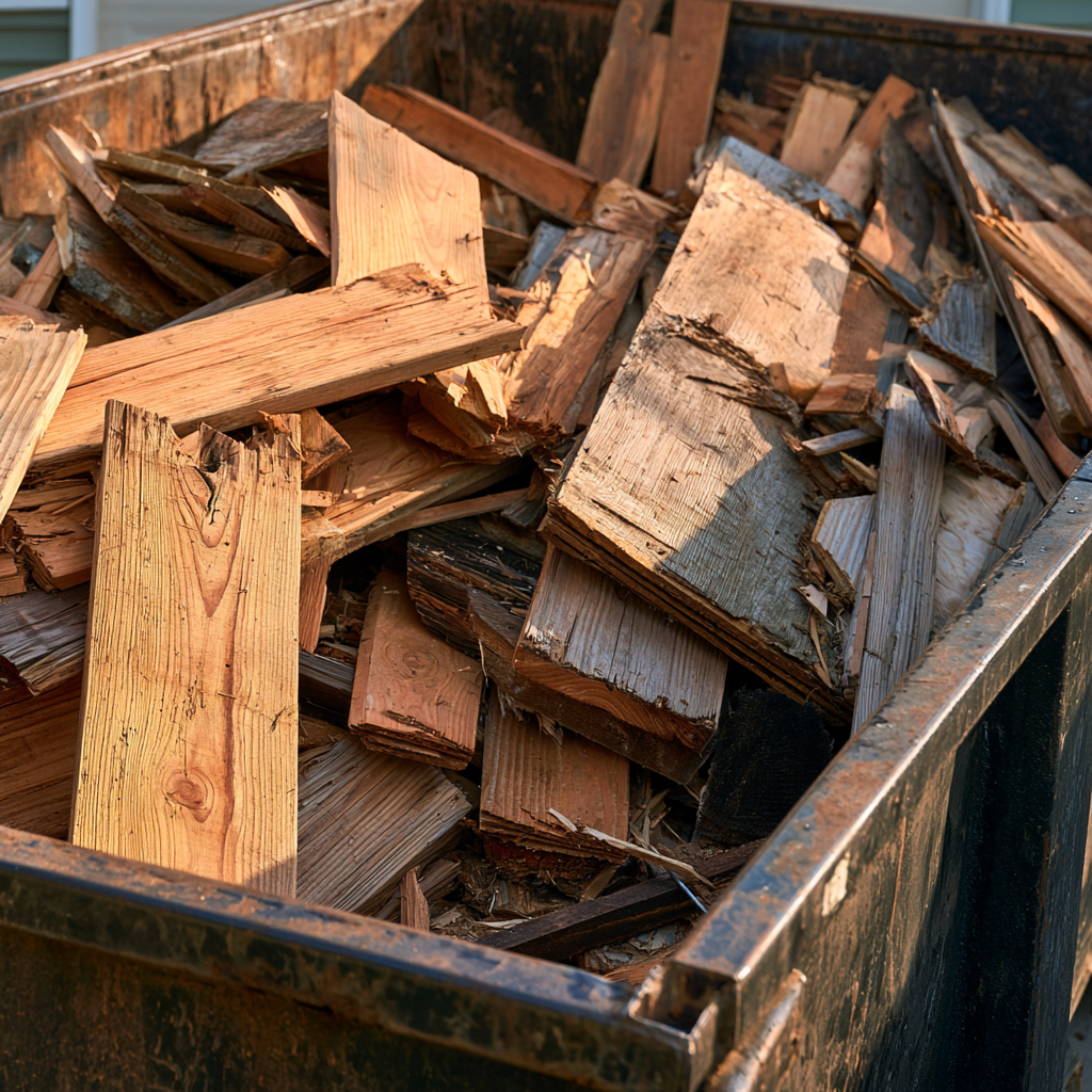 A pile of broken deck boards in a dumpster