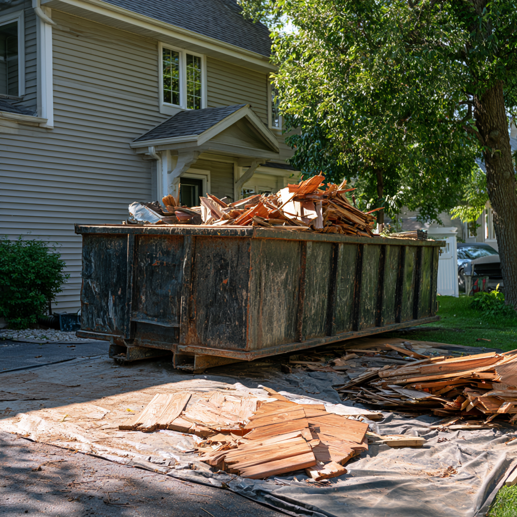 A 20-yard dumpster with deck and home remodeling debris
