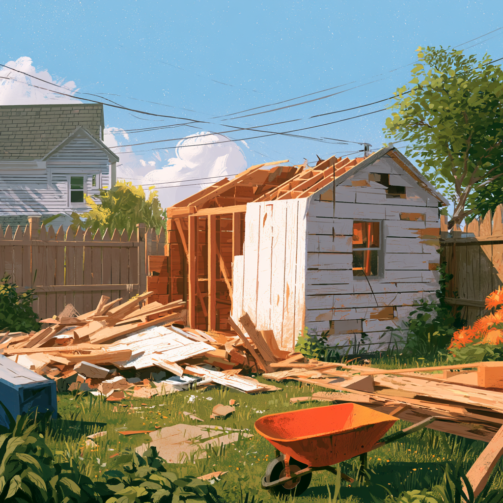 A partially-dismantled shed in a backyard