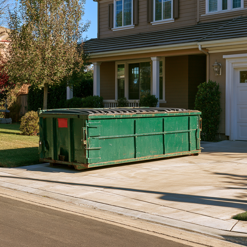 A 20-yard dumpster in the driveway of a house