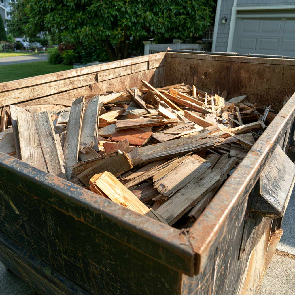 Boards and debris from a home shed in a rented dumpster