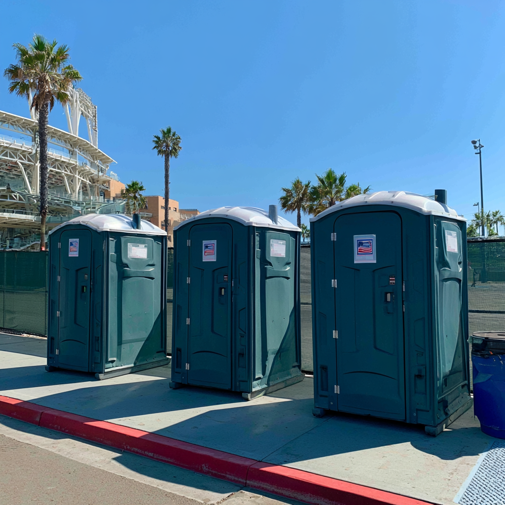 three portable toilets outside of an event space in San Diego CA