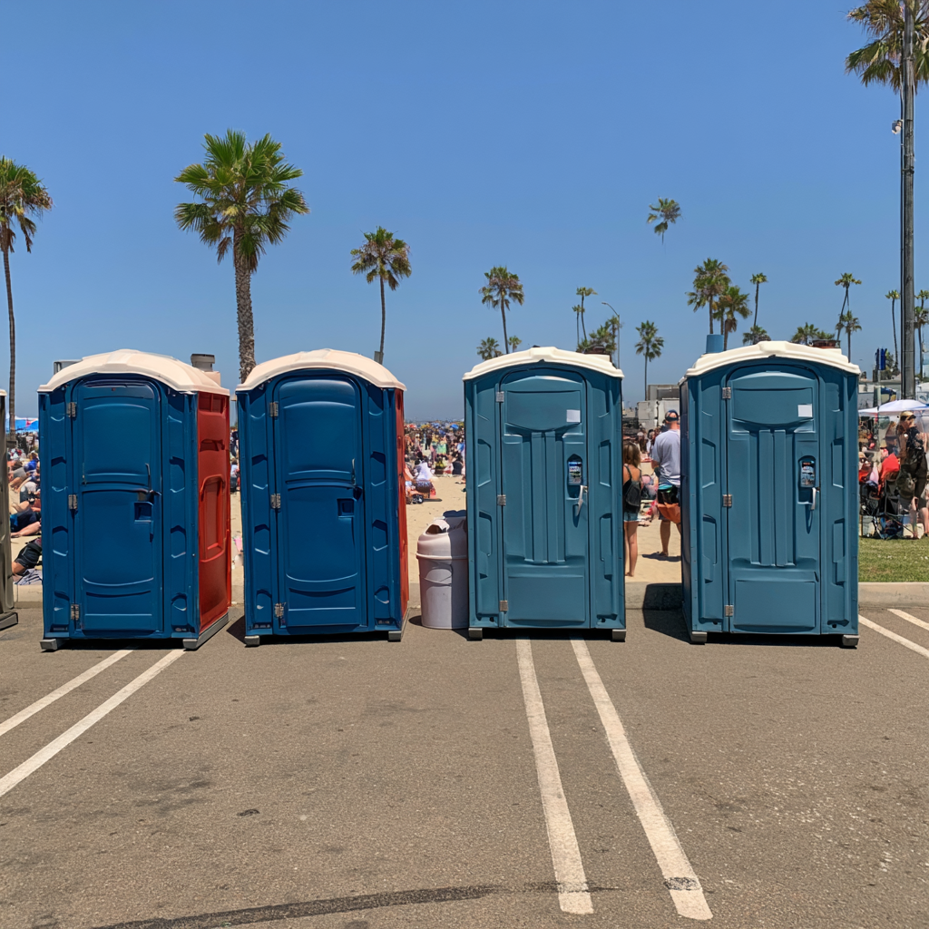 Four porta potties in a parking lot at a San Diego outdoor event
