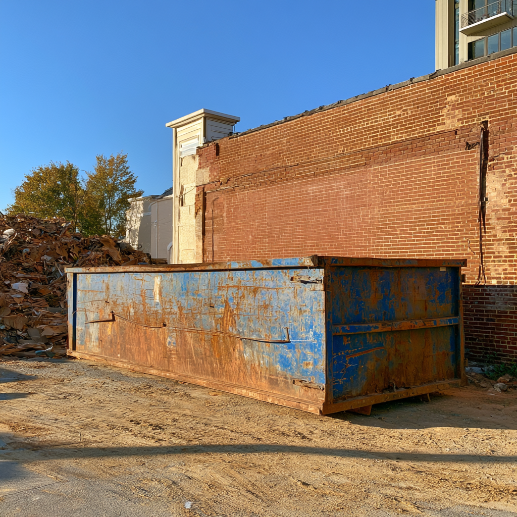 A large dumpster in a historic district in Fredericksburg, VA