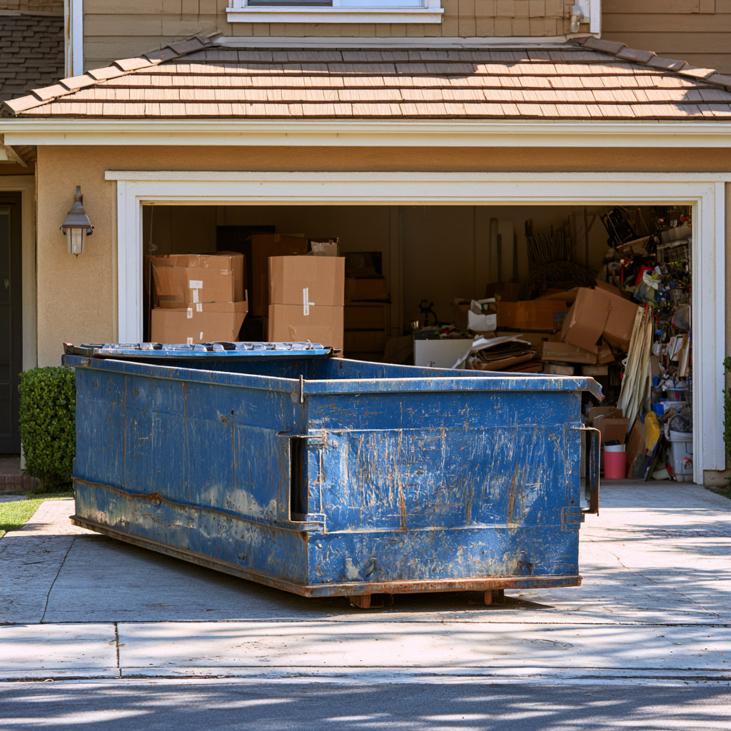 A 20-yard dumpster in front of a garage filled with boxes and household debris
