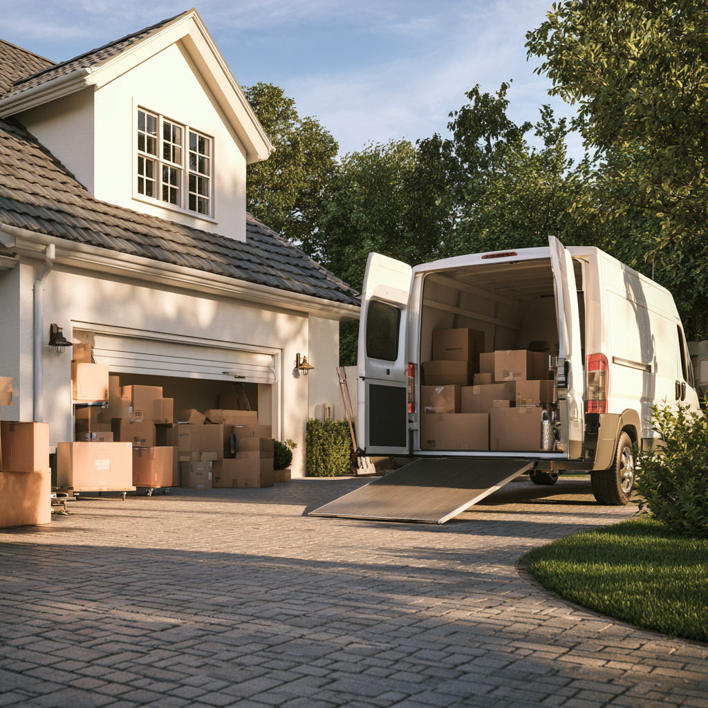 A moving van loaded with boxes outside of a house