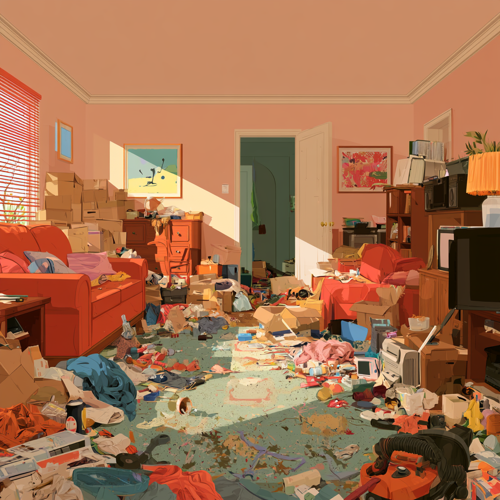 A cluttered living room in a hoarded house