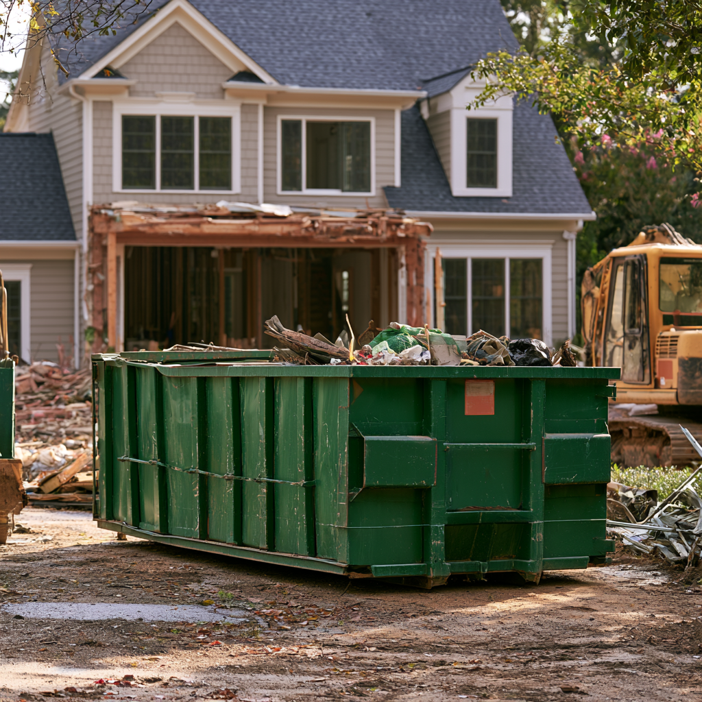 20-yard dumpster in front of a partially demolished house