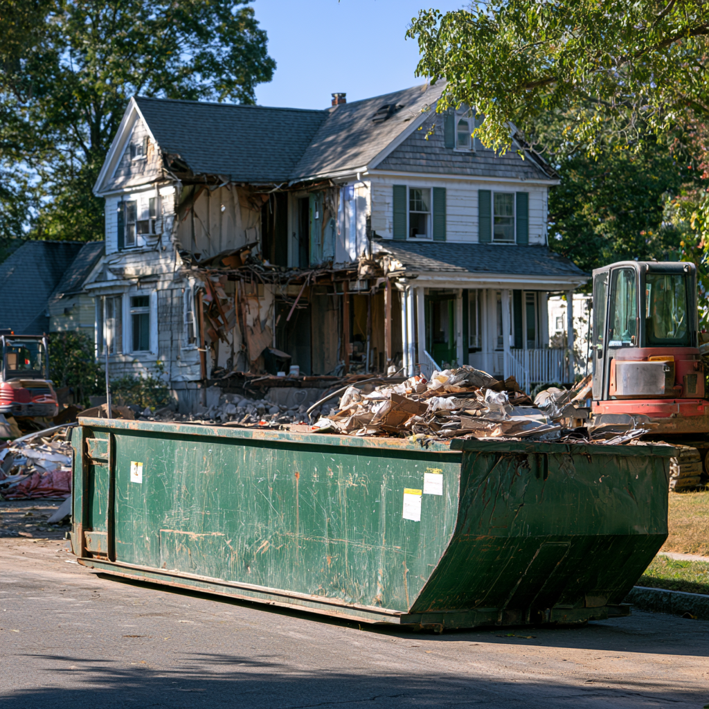 30-yard dumpster in front of a demolished house