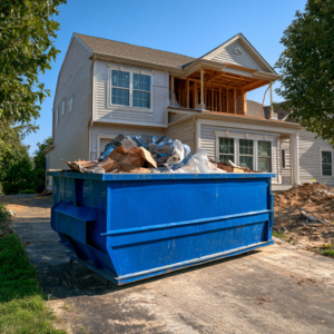 A 20-yard dumpster in front of a home undergoing renovation
