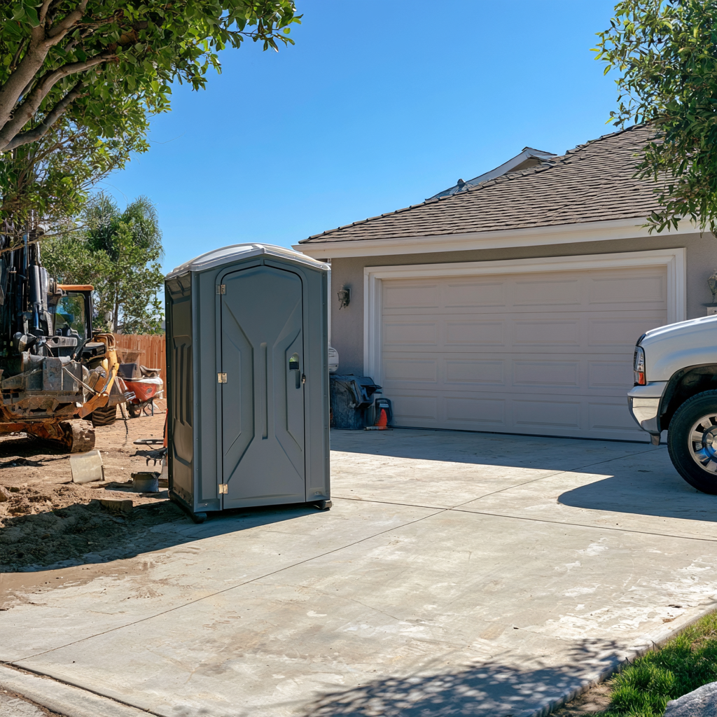 A porta potty in the driveway of a house undergoing remodeling