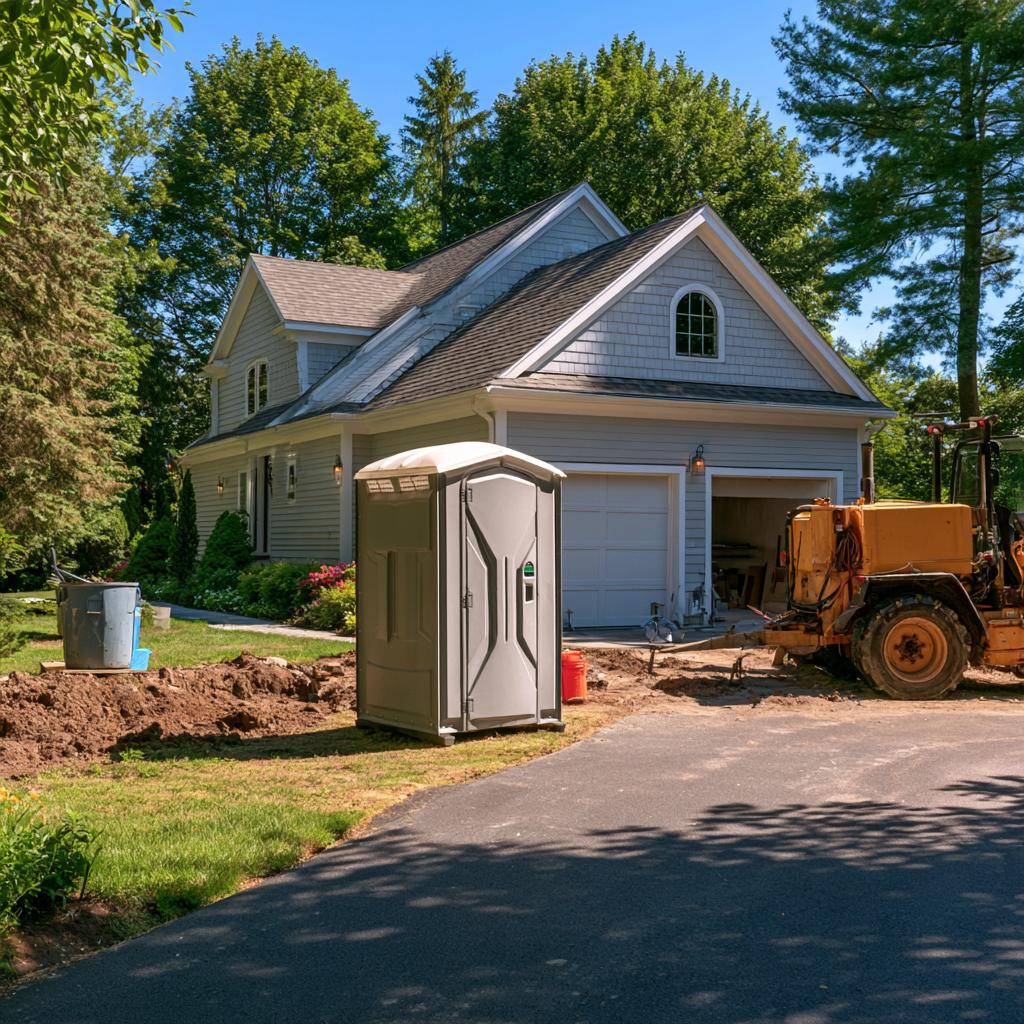A single portable toilet in front of a house undergoing construction