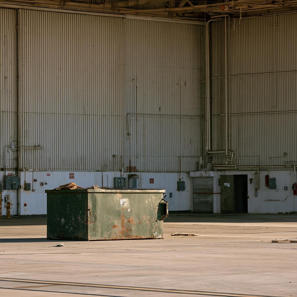 A 20-yard dumpster near an aircraft hanger