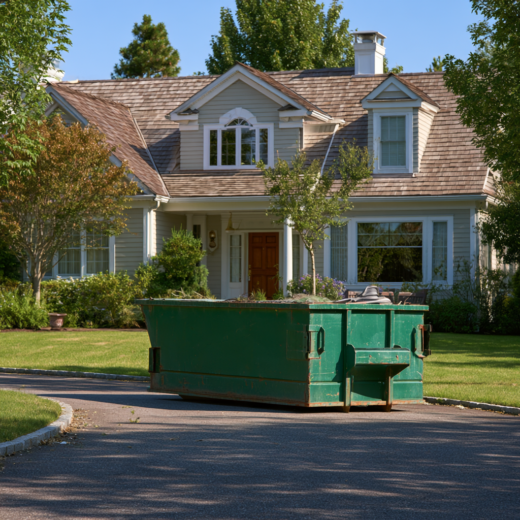 A 20-yard dumpster in a circular driveway