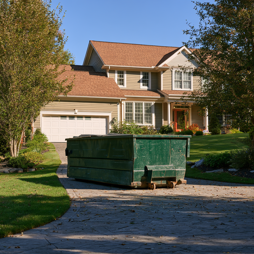 A 20-yard dumpster in the driveway of a house